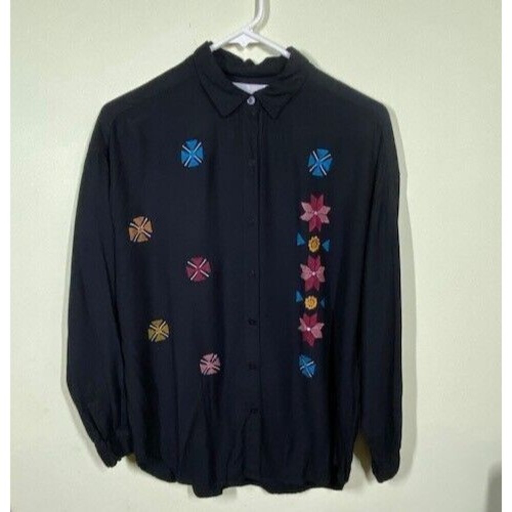 Passport Black Button Down Shirt with Multicolor Accents